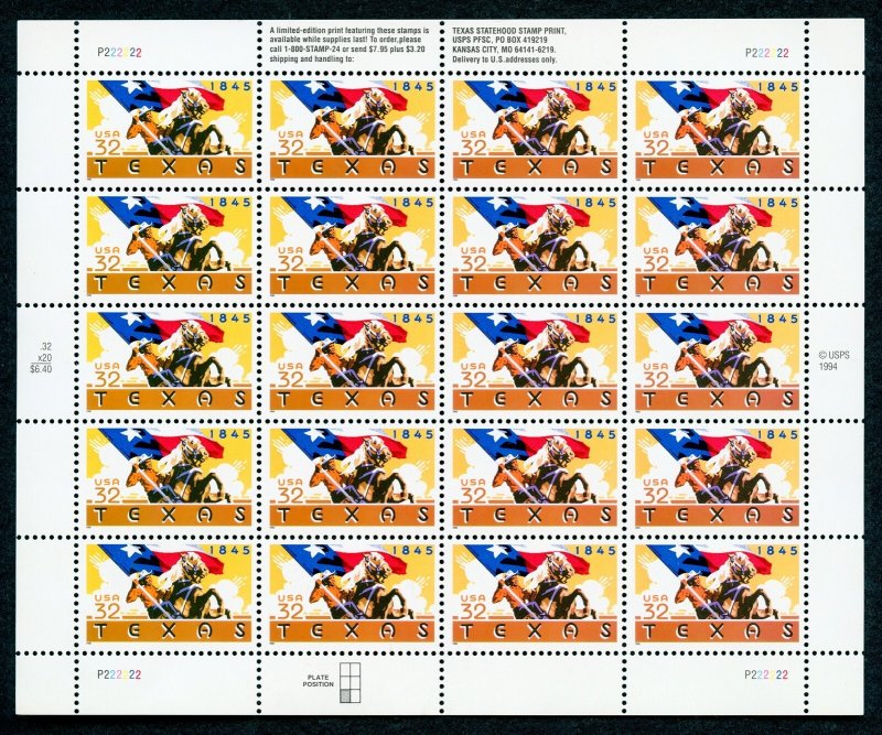 US Scott 2968  Texas Statehood Sheet Mint NH