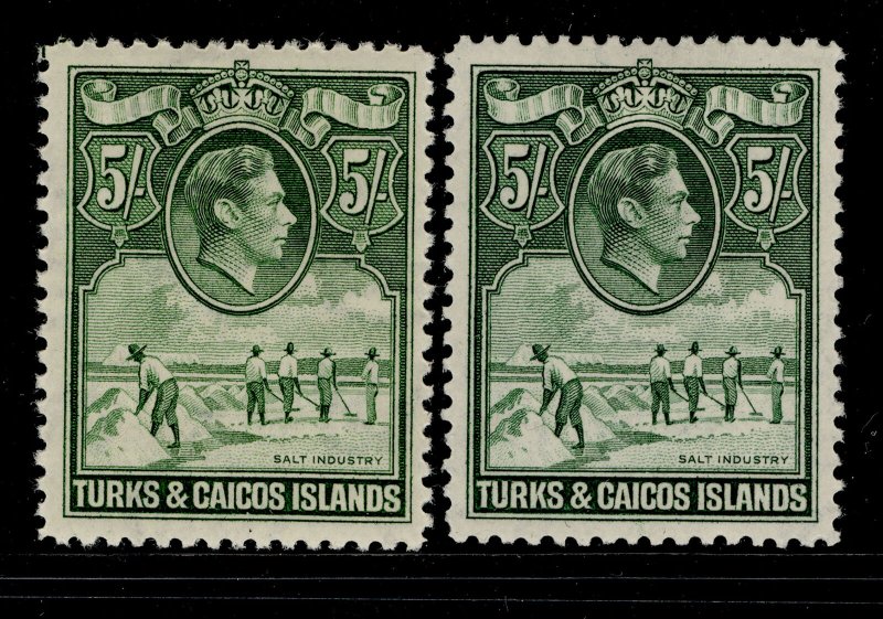 TURKS AND CAICOS ISLANDS GVI SG204 + 204a, 5s SHADES, LH MINT. Cat £115.