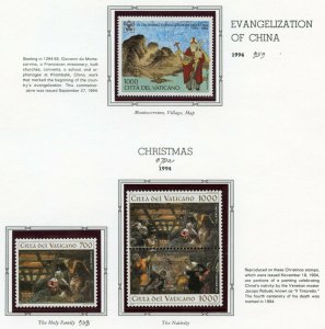 VATICAN CITY 1994 COMPLETE YEAR SET STAMPS MINT NH & BOOKLET ON WHITE ACE  PAGES