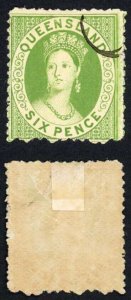 Queensland 1874 6d Proof in Green No wmk Perf 13 SCARCE (with gum creased)