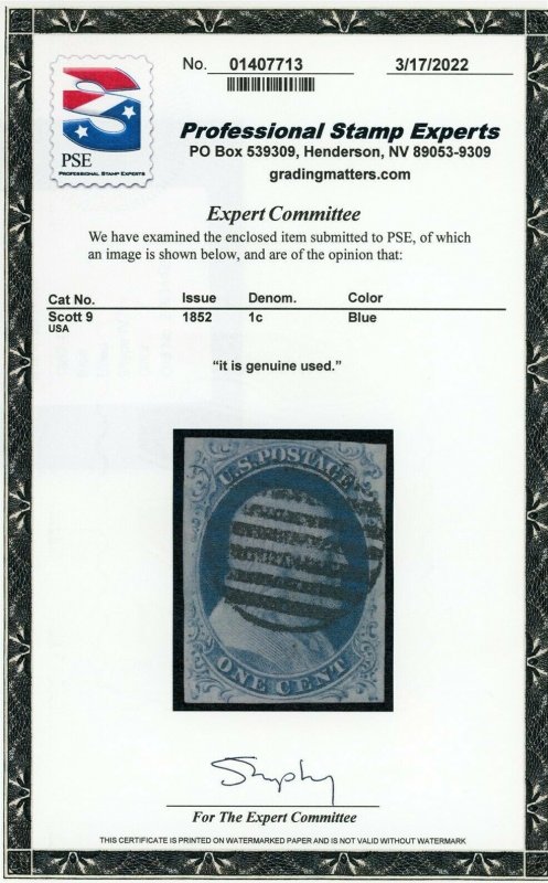 US Stamp #9 Franklin 1c - PSE Cert - USED