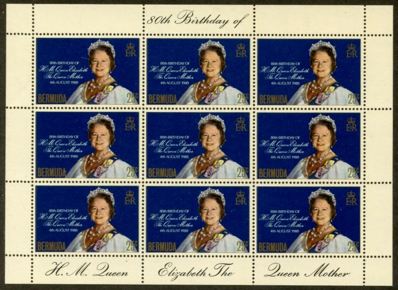 BERMUDA  Sc#401 1980 Queen Mother's 80th Birthday M/S of 9 Cplt Set OG Mint NH