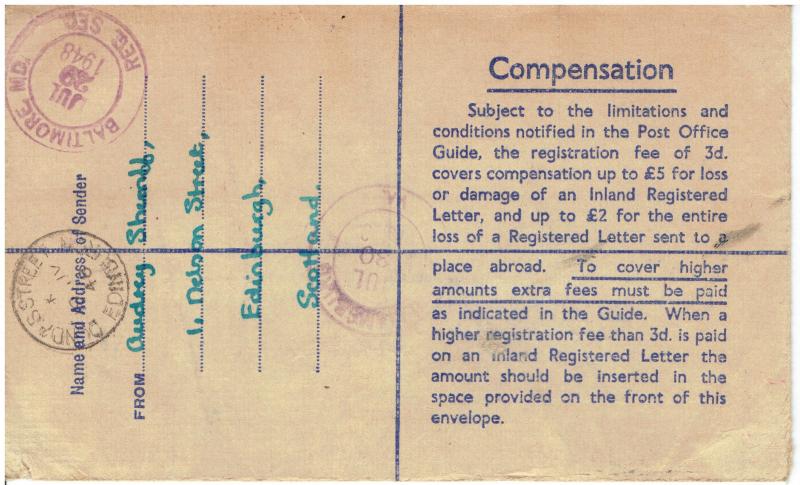 RARE SCOTLAND - used ( 51/2) PENCE CROSS LINE REGISTER LETTER ENVELOPE 1948