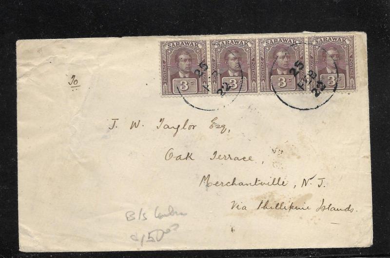 SARAWAK (P0110B)   1922  COVER 3C STRIP OF 4 TO PHILLIPINES LABUAN TRANSIT B/S