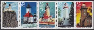 SCOTT  2969-73  GREAT LAKES LIGHTHOUSES  32¢  BOOKLET PANE OF 5  SHERWOOD STAMP