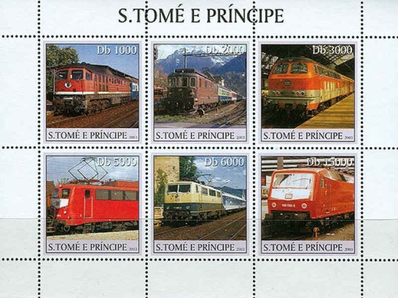St Thomas - Trains on Stamps, Scott #1555 - 6 Stamp Sheet - ST3109