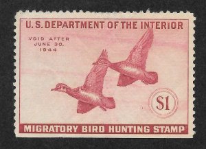 United States Scott RW10 Unused HOG - 1943 $1 Wood Ducks - CV $65.00