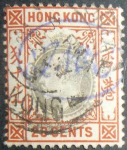 1903 Hong Kong 20c Edward VII Scott #78 w/Blue Cancel Free US Shipping