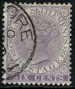 STRAITS SETTLEMENT QV 1883-91 6c LILAC VFU SG66 Wmk.CROWN CA P.14 VGC