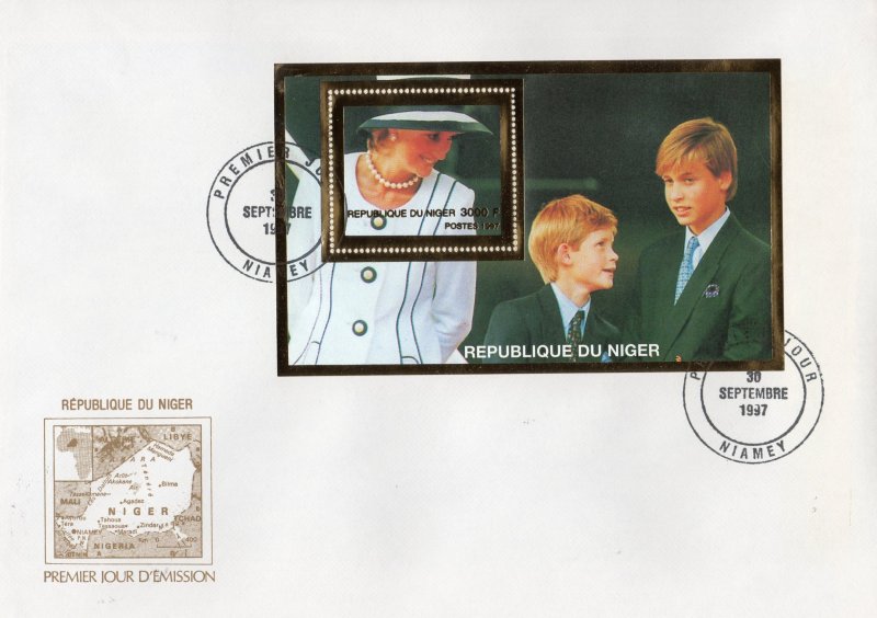 Niger 1997 Diana & Princes William & Harry 2 SS Gold+Silver YT #85/85A FDC