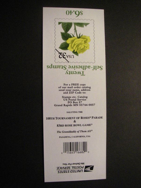Scott 3049a, 32c Yellow Rose, Pane of 20, #S1111 MNH Tournament of Roses backing