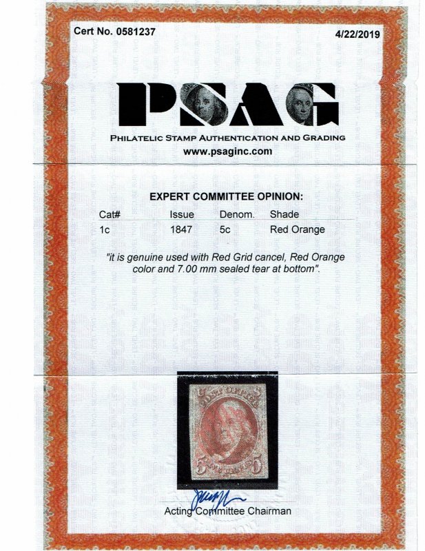 Scott #1c VF-used. With 2019 PSAG certificate. SCV - $9,000.00