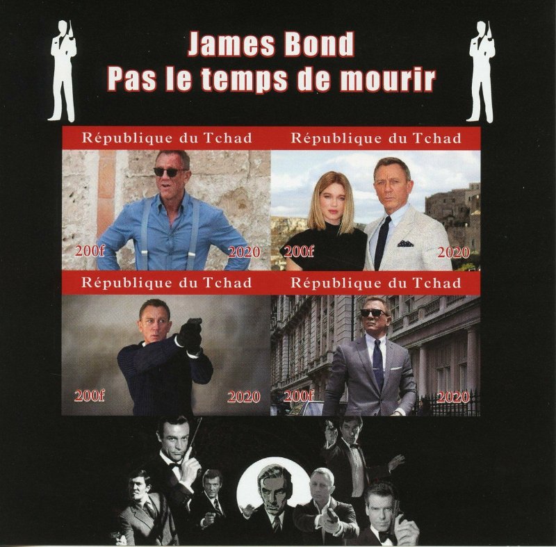 Chad James Bond Stamps 2020 MNH No Time To Die Daniel Craig Movies 4v IMPF M/S