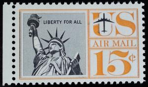 1959 15c Statue of Liberty, Air Mail, Black & Orange Scott C58 Mint F/VF NH