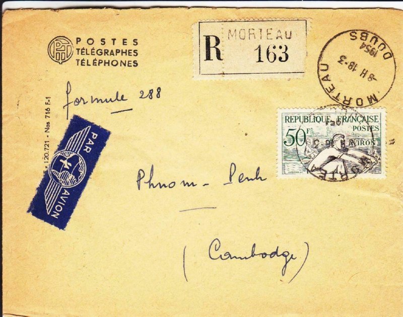 1954, Moreau, France to Phenom-Penh, Cambodia, Airmail, Registered (32219)