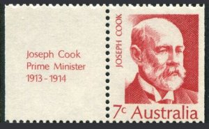 AUSTRALIA SG#507 Prime Minister Joseph Cook with tab (1972) MNH