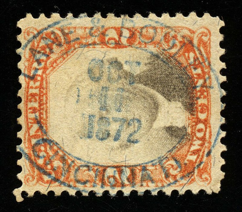 B188 U.S. Revenue Scott R135 3rd issue 2c orange & black 1872 blue oval cancel