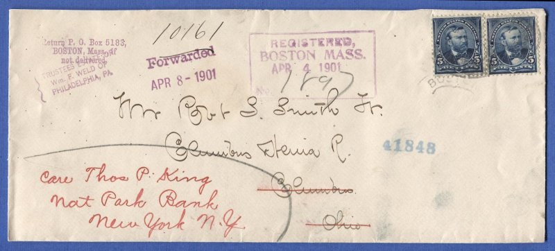 US Sc.281 (2) 5c Grant on Registered cover, Boston to Columbus & Xenia Railroad