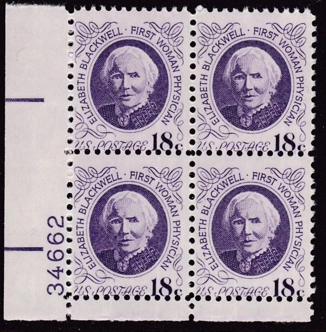 United States 1974 18c violet Elizabeth Blackwell  Plate Number Block VF/NH