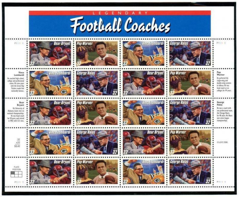 US  3143-46  Legendary Football Coaches 32c - Pane of 20 - MNH - 1997 - P11111