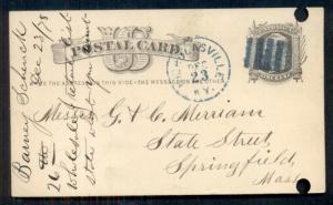 1878 NICHOLASVILLE KY & 5-BAR fancy cancel in dark blue on 1¢ card, punch holes