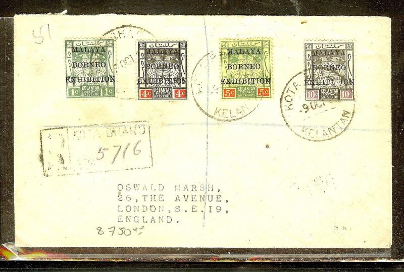 MALAYA KELANTAN  (P1312B) COVER  MBE 1C+4C+5C+10C REG 1925 TO ENGLAND.  SCARCE