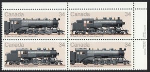 HISTORY of LOCOMOTIVES (1906-1925) = Canada 1985 #1072a MNH UR Block of 4