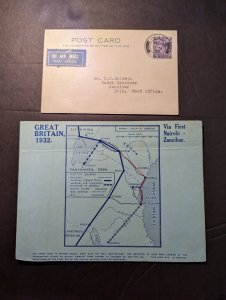 1932 England Airmail Postcard Cover London to Zanzibar British 1 of 12 Flown