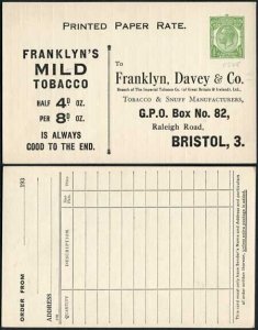 CS61 KGV 1/2d Green Inland Card Size F Stamp L13a Mint Franklyn's Mild Tobacco