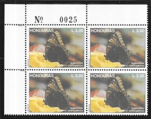 Honduras #372  3l Butterflies plate block of 4 (MNH) CV $18.00