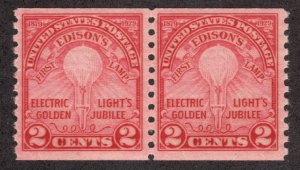 MLH 1929 2c Electric Light Gold Jubilee Stamp Pair, Scott #656*