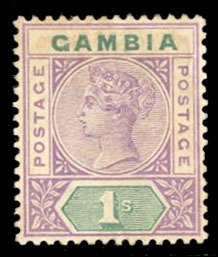 Gambia #27 Cat$45, 1898 1sh violet and green, hinged, faint toning