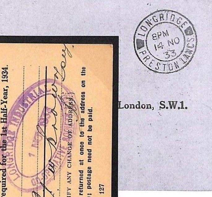 K128 GB LANCS 1933 Official *LONGRIDGE INDUSTRIAL CO-OP* Cachet OHMS Card