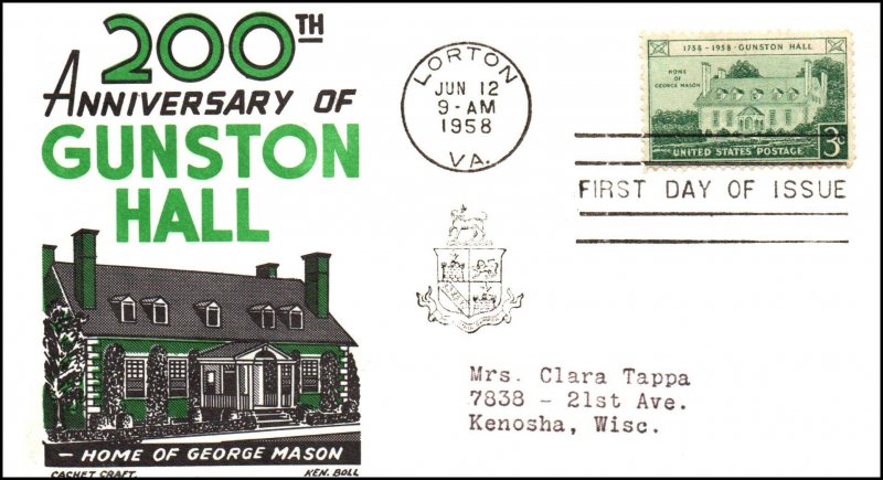 US 1108 Gunston Hall Cachet Craft Boll Typed FDC