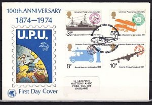 Great Britain, Scott cat. 720-723. U.P.U. Centenary issue. First Day Cover. ^