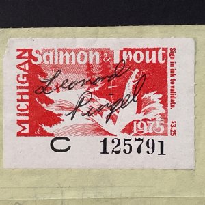 1975 MICHIGAN - State Trout & Salmon Fishing Stamp - On Resident Fishing License