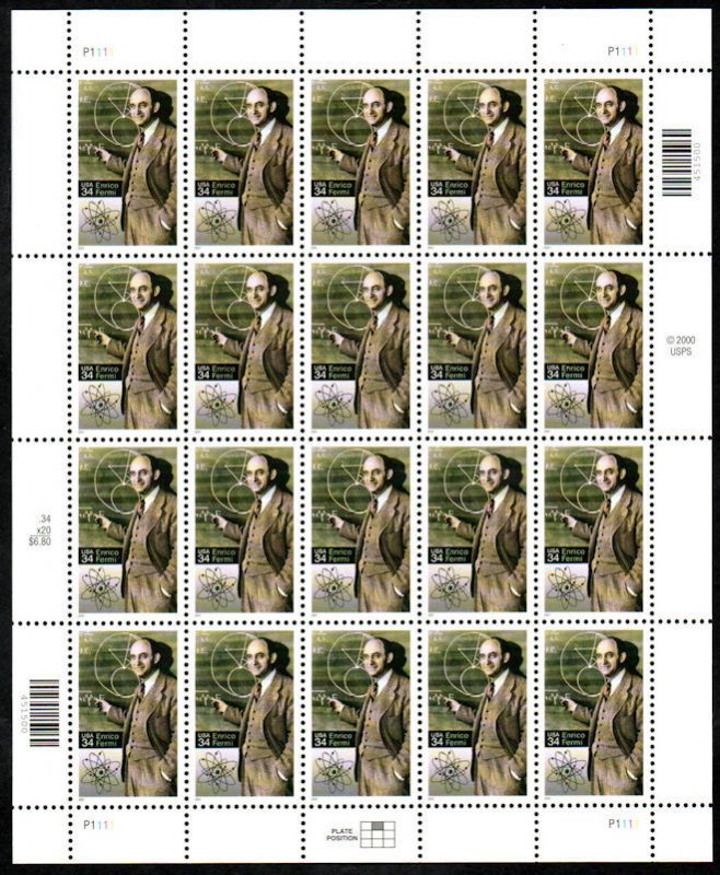 MALACK 3533 VF/XF OG NH, 34c Enrico Fermi Sheet, rob..MORE.. sheet3533