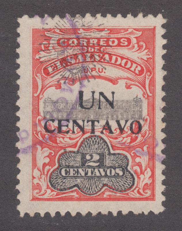 Salvador Sc 368 used. 1908 1c black surcharge on 2c National Palace, sound.