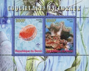 Benin Shell Coral Ocean Marine Flora Fauna Souvenir Sheet of 2 Stamps Mint NH