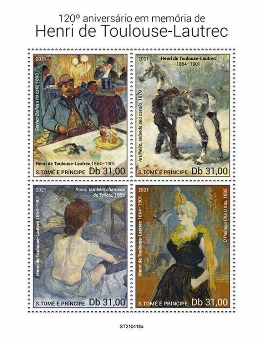 Sao Tome & Principe 2021 MNH Art Stamps Henri Toulouse-Lautrec Paintings 4v M/S 