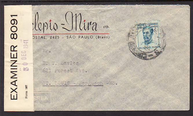 Brazil to Ferguson MO 1940's Censored Cover 