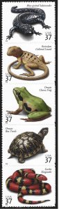 US #3814-18, Strip/5, Reptiles & Amphibians, M-NH*-