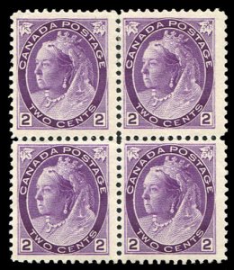 Canada #76 Cat$225+, 1898 2c purple, block of four, top stamps hinged, bottom...