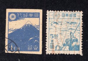 Japan 1946-47 1y ultramarine Mt. Fuji & 5y blue Whaling, Scott 364, 392 used