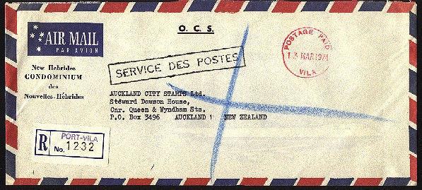 NEW HEBRIDES 1974 Official cover to NZ - POSTAGE PAID / VILA cds..........94680A