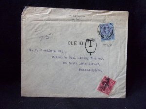 QUEEN VICTORIA 21/2d 'T K F' PERFIN USED ON COVER + POSTAGE DUE