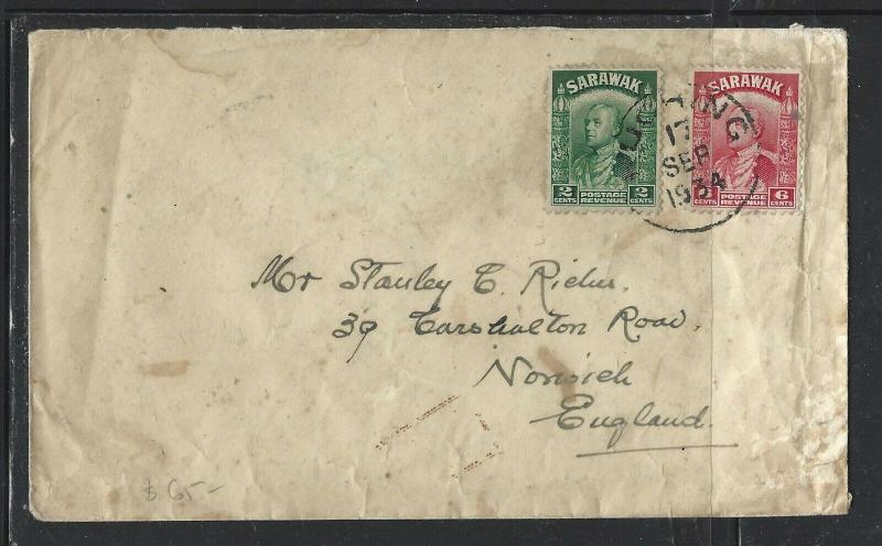 SARAWAK COVER (P0804B)  1934  BROOKE 2C+6C  KUCHING TO ENGLAND