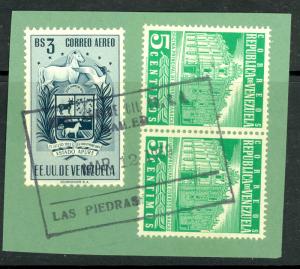 VENEZUELA 1953-54 3b ARMS OF APURE & 5c CARACAS x2 on Piece Sc C515, 703x2 VFU