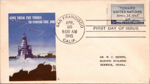 FDC 1945 SC #928 J Minkus Cachet - San Francisco, CA - Single - F75540