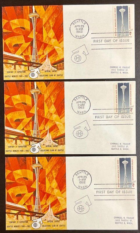 1193 Seattle Collectors Club cachet Lot of 3 Seattle World’s Fair FDCs 1962